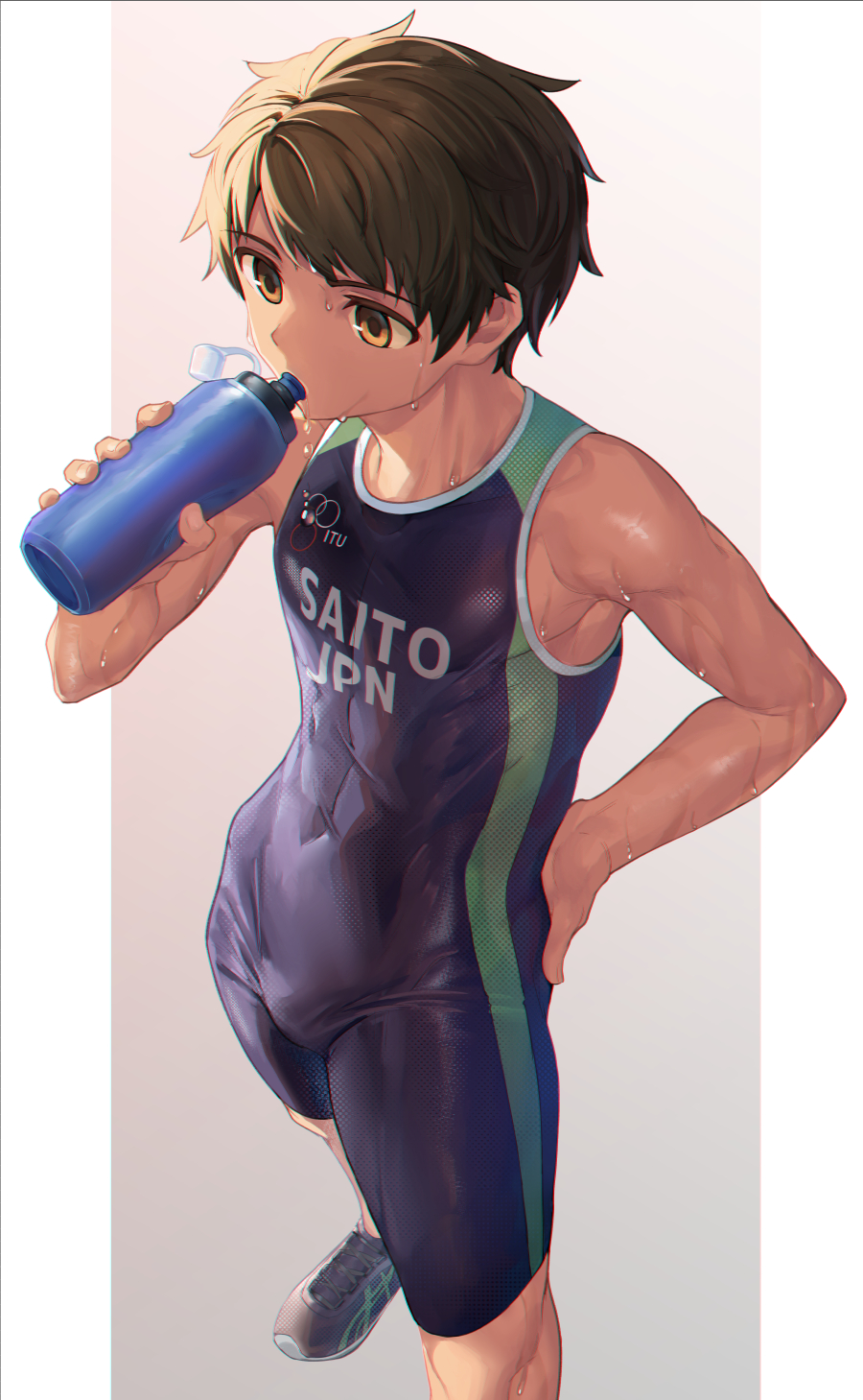 1boy bangs bottle brown_hair chromatic_aberration covered_navel drinking english_text eyebrows_visible_through_hair hand_on_hip highres holding holding_bottle male_focus original r-744 shoes simple_background sleeveless solo standing sweat toned toned_male water wet yellow_eyes