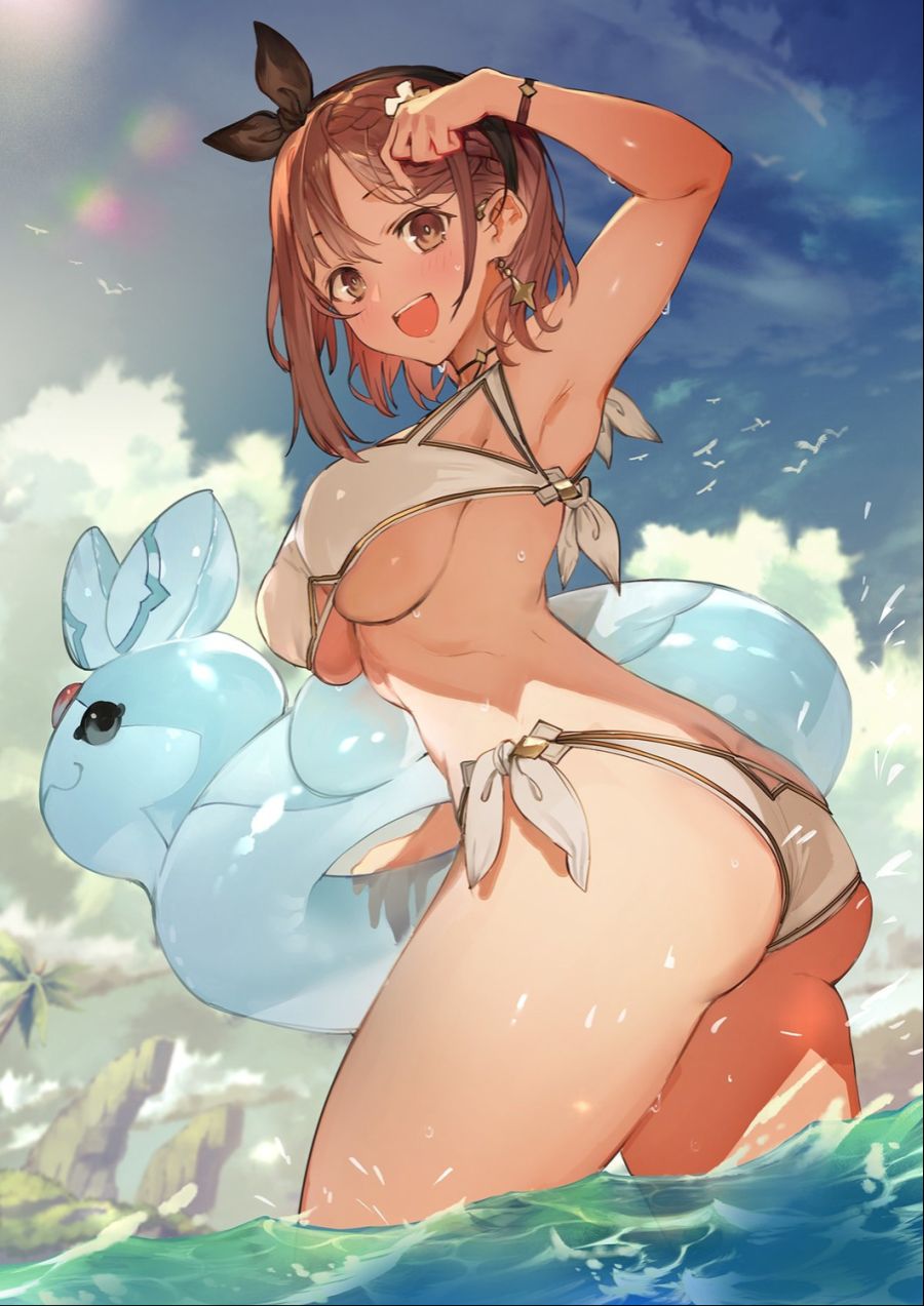 1girl armpits arms_up ass atelier_(series) atelier_ryza bikini bird braid breasts brown_eyes brown_hair earrings flare floating floating_object flower hair_flower hair_ornament hair_ribbon hand_on_own_face highres in_water jewelry large_breasts lens_flare looking_at_viewer looking_back open_mouth pale_skin reisalin_stout ribbon seagull sky sunlight swimsuit thick_thighs thighs tied_hair toridamono under_boob water
