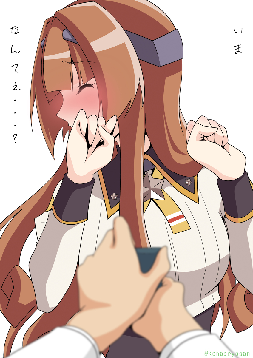 1girl 1other bangs blunt_bangs blurry brown_hair closed_eyes commentary_request depth_of_field facing_viewer green_eyes helena_(kancolle) highres kanade_(kanadeya) kantai_collection long_hair military military_uniform neck_ribbon profile proposal ribbon ring_box sideways_glance simple_background star_ornament translation_request uniform upper_body white_background yellow_ribbon