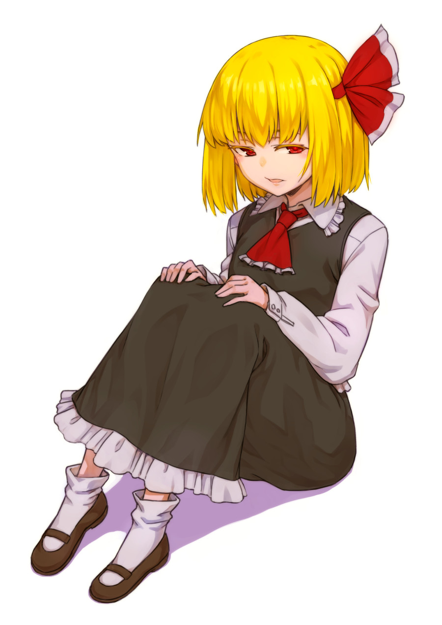 1girl ascot bangs black_dress black_footwear blonde_hair dress frilled_ascot frilled_dress frills full_body hair_ribbon hands_on_own_knees highres kakone long_sleeves looking_at_viewer open_mouth red_eyes red_neckwear red_ribbon ribbon rumia short_hair simple_background solo touhou white_background white_legwear