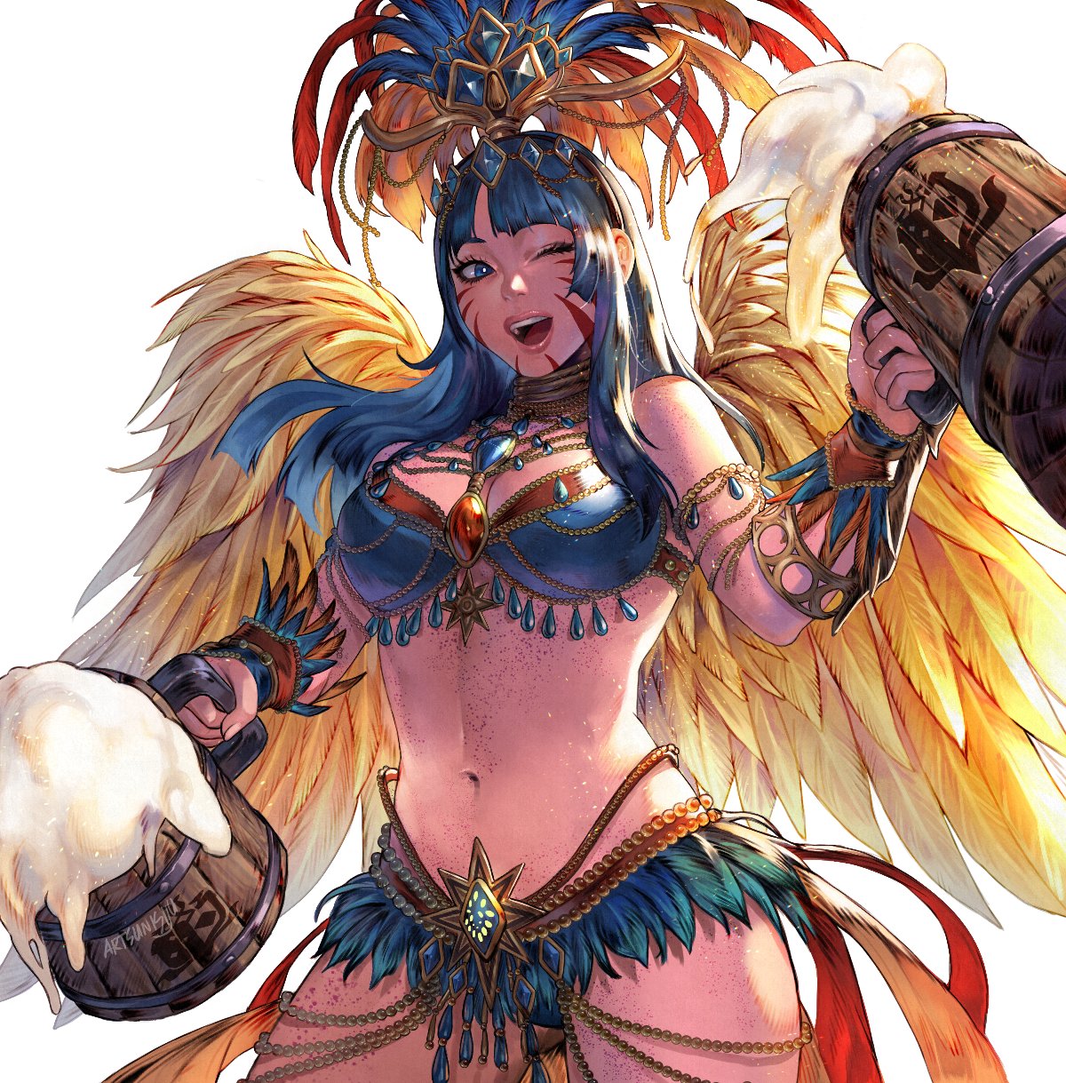 1girl ;) alcohol armlet armor beer beer_mug bikini_armor blue_eyes blue_hair body_freckles breasts carnival commentary commission cup english_commentary feathers headdress highres large_breasts lips long_hair midriff monster_hunter monster_hunter:_world mug navel one_eye_closed open_mouth passion_layered_armor_(mhw) simon_jude smile solo upper_body upper_teeth