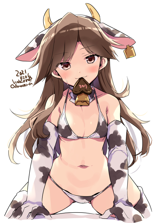 1girl animal_ears animal_print arashio_(kantai_collection) bell bikini blush breasts brown_eyes brown_hair closed_mouth cow_ears cow_horns cow_print cowbell dated elbow_gloves eyebrows_visible_through_hair gloves hair_between_eyes horns kantai_collection long_hair mouth_hold navel odawara_hakone simple_background small_breasts solo swimsuit thigh-highs twitter_username white_background white_bikini white_gloves white_legwear