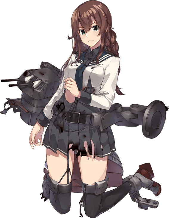 1girl belt belt_buckle black_belt brown_hair buckle burnt_clothes closed_mouth frown full_body garter_straps green_eyes grey_skirt kantai_collection kneeling konishi_(koconatu) long_hair long_sleeves looking_at_viewer machinery noshiro_(kantai_collection) official_art pleated_skirt remodel_(kantai_collection) rigging sidelocks skirt solo torn_clothes transparent_background twintails