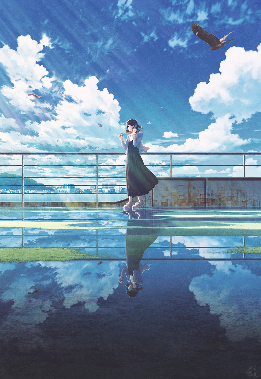 1girl animal bird black_dress black_eyes black_hair blue_sky brown_footwear building cityscape closed_mouth clouds cloudy_sky day dress eyewear_removed flying hands_up highres holding holding_eyewear jacket lake long_hair long_sleeves looking_away mocha_(cotton) open_clothes open_jacket original outdoors pleated_dress railing reflection scenery shoes sky smile solo standing sunglasses walking water white_jacket
