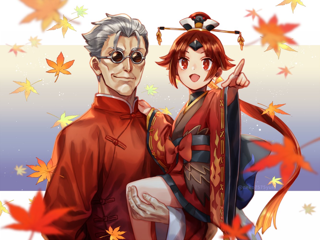 1boy 1girl bangs benienma_(fate) bird_hat brown_headwear carrying commentary_request fate/grand_order fate_(series) feather_trim grey_hair hat japanese_clothes kimono leaf li_shuwen_(fate/grand_order) long_hair long_sleeves low_ponytail maple_leaf neko7575yuki open_mouth parted_bangs pointing red_eyes redhead smile sunglasses twitter_username wide_sleeves