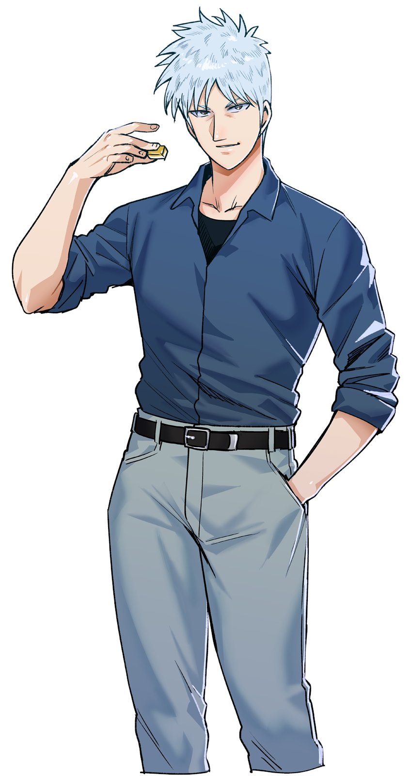 1boy akagi:_yami_ni_oritatta_tensai akagi_shigeru belt belt_buckle black_belt black_shirt blue_shirt buckle denim hand_in_pocket highres jeans mahjong mahjong_tile male_focus pants pointy_nose shirt shirt_tucked_in shirt_under_shirt short_hair sleeves_rolled_up smirk synecdoche white_background white_hair yellow_eyes