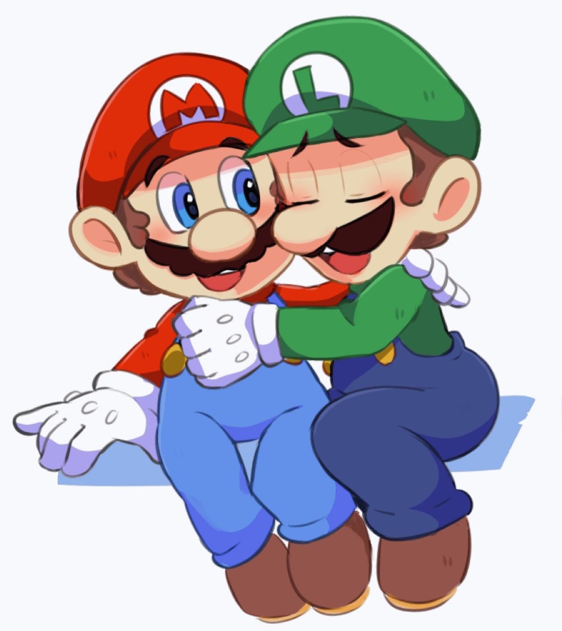 2boys blue_eyes brothers brown_footwear brown_hair closed_eyes facial_hair flat_cap full_body gloves green_headwear green_shirt hand_on_shoulder hat highres hiyashimeso hug long_sleeves looking_at_another luigi mario super_mario_bros. multiple_boys mustache open_mouth red_headwear red_shirt shirt short_hair siblings simple_background sitting smile white_background white_gloves