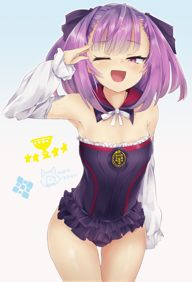1girl armpits bangs bare_shoulders black_dress breasts detached_collar detached_sleeves dress fate/grand_order fate_(series) hair_ribbon hand_up helena_blavatsky_(fate) long_sleeves looking_at_viewer one_eye_closed open_mouth purple_hair ribbon salute short_dress short_hair small_breasts smile thighs violet_eyes white_sleeves yarareimu