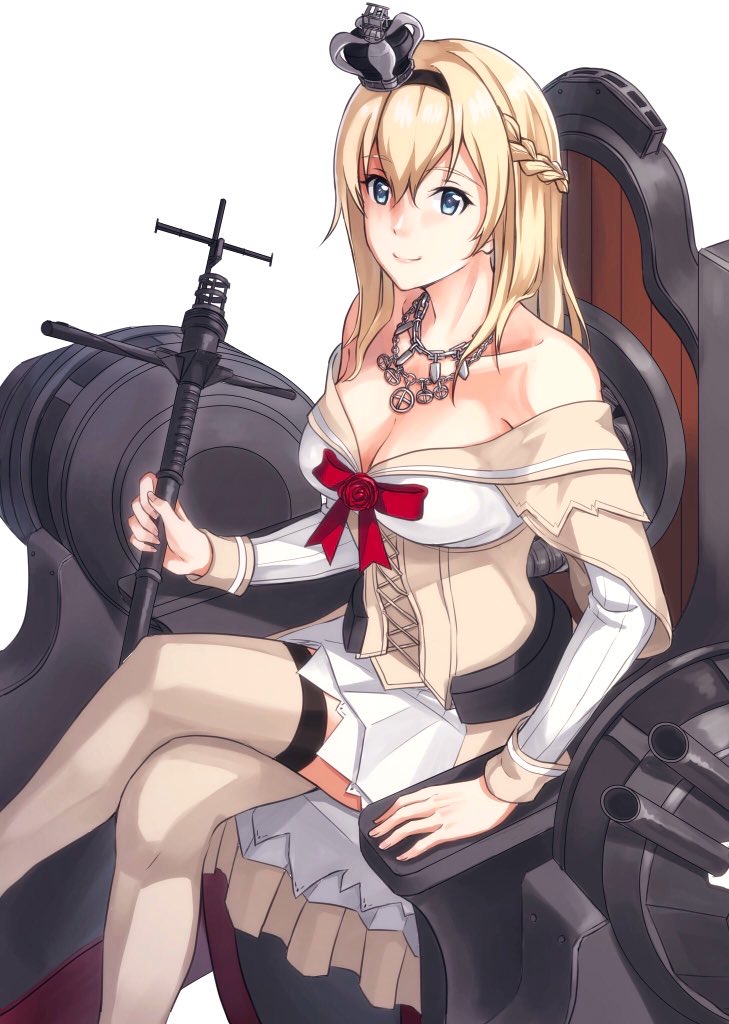 1girl anya_(artist) blonde_hair blue_eyes braid breasts chair corset crossed_legs crown dress flower french_braid garter_straps globus_cruciger jewelry kantai_collection long_hair long_sleeves looking_at_viewer looking_up machinery medium_breasts mini_crown necklace off-shoulder_dress off_shoulder red_flower red_ribbon red_rose ribbon rose scepter simple_background sitting solo thigh-highs throne warspite_(kantai_collection) white_background white_dress white_legwear