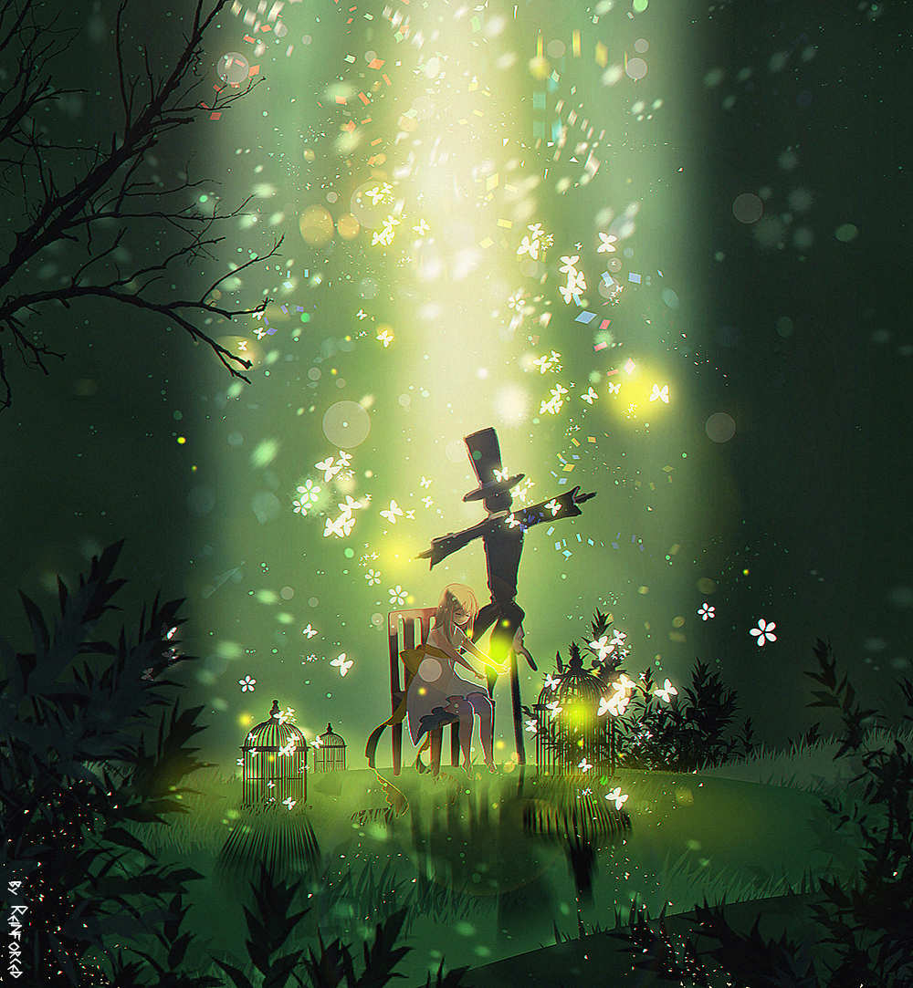 1girl artist_name back_bow bare_tree birdcage blonde_hair bow bug butterfly cage chair closed_eyes dress grass hat insect long_hair nature original plant reinforced scarecrow scenery sitting solo spotlight sunlight top_hat tree white_dress