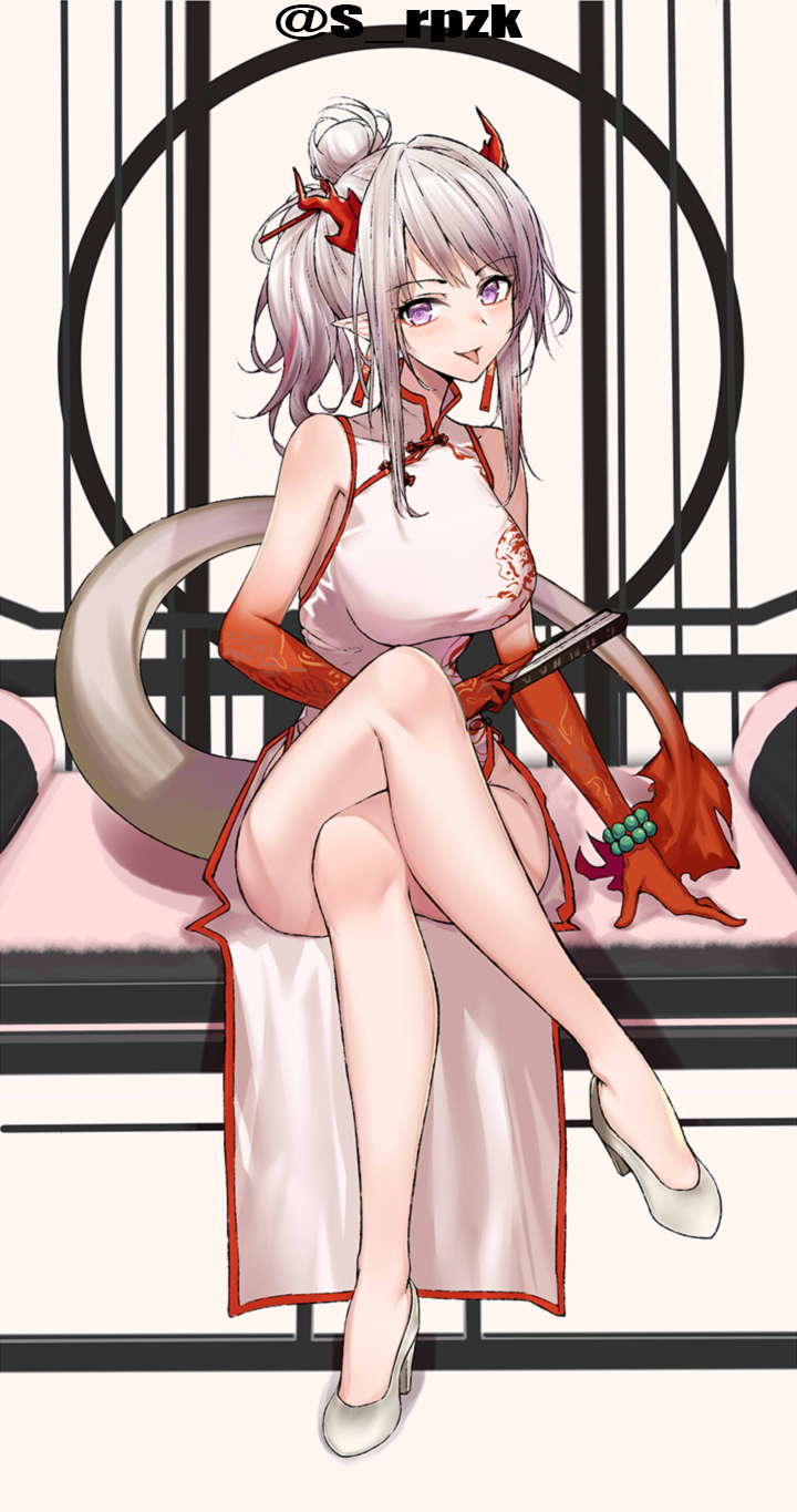 1girl :p arknights artist_name bangs bare_legs bare_shoulders bead_bracelet beads bracelet breasts china_dress chinese_clothes commentary crossed_legs dress eyebrows_visible_through_hair grey_background hair_bun high_heels highres holding horns jewelry kakeru_(kakeru) large_breasts long_hair looking_at_viewer nian_(arknights) nian_(unfettered_freedom)_(arknights) official_alternate_costume pointy_ears red_background sidelocks silver_hair sitting sleeveless sleeveless_dress smile solo tail thighs tongue tongue_out twitter_username white_dress white_footwear