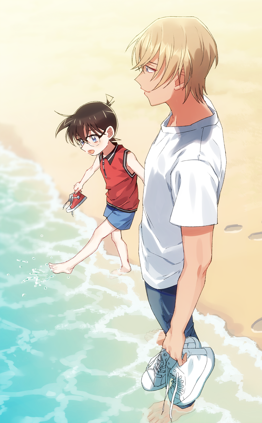 2boys :d amuro_tooru bangs barefoot beach black-framed_eyewear blonde_hair blue_pants blush brown_hair casual child closed_mouth commentary_request day edogawa_conan feet fingernails footprints from_side full_body glasses hair_between_eyes happy highres holding holding_shoes k_(gear_labo) kicking looking_at_another looking_down male_focus meitantei_conan multiple_boys ocean open_mouth outdoors pants red_shirt sand shirt shoes shoes_removed short_hair short_sleeves sleeveless sleeveless_shirt smile sneakers soaking_feet splashing standing toes water white_footwear white_shirt