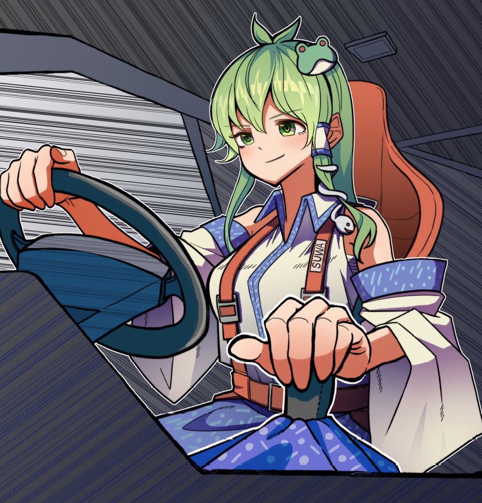 1girl alison_(alison_airlines) belt blush collared_shirt detached_sleeves driving frog_hair_ornament green_eyes green_hair hair_ornament kochiya_sanae long_hair outline shirt sitting smile snake_hair_ornament solo steering_wheel touhou upper_body white_outline white_shirt wide_sleeves