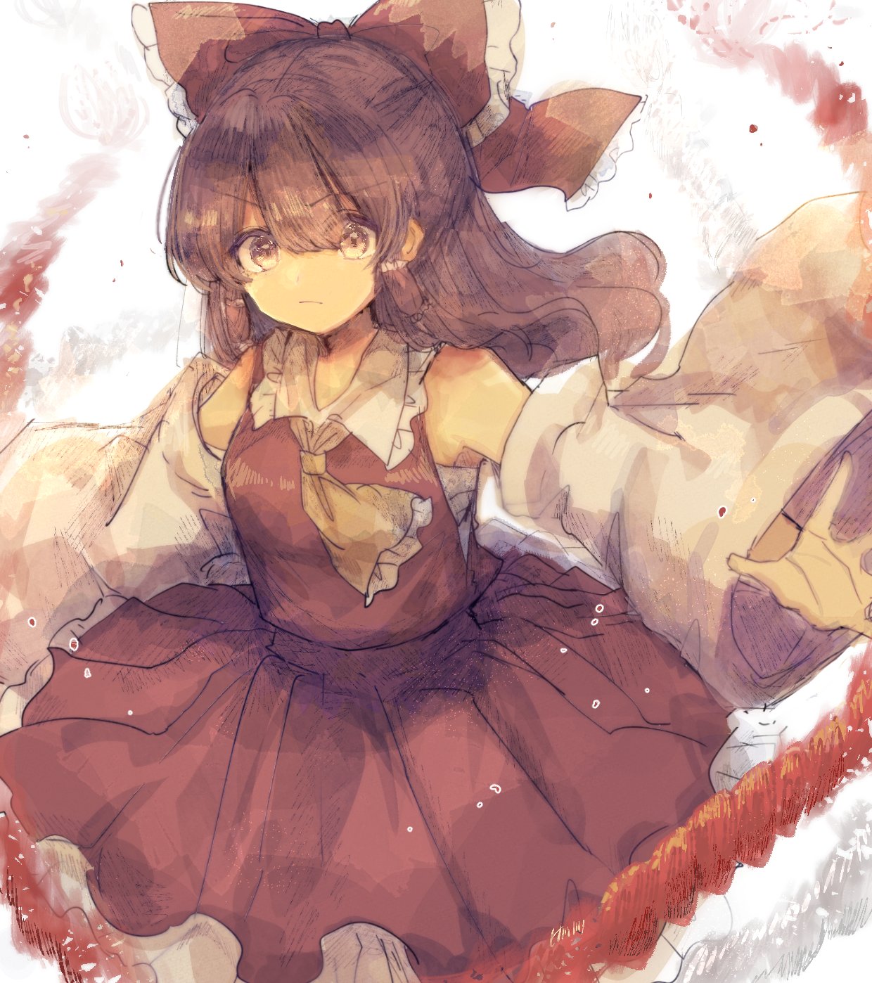 1girl ascot bare_shoulders bow breasts brown_eyes brown_hair closed_mouth detached_sleeves eyebrows_visible_through_hair eyes_visible_through_hair feet_out_of_frame frills hair_bow hair_tubes hakurei_reimu highres kujikimi long_hair looking_at_viewer outstretched_arms petticoat red_bow red_skirt red_vest rope sarashi serious shimenawa sidelocks simple_background skirt skirt_set small_breasts solo standing touhou v-shaped_eyebrows vest white_background wide_sleeves yellow_neckwear