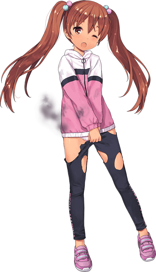 1girl black_pants blush brown_eyes brown_hair clothes_writing fang full_body jiji kantai_collection libeccio_(kantai_collection) long_hair long_sleeves official_art one_eye_closed open_mouth panties pants shoes smoke sneakers solo torn_clothes torn_pants transparent_background twintails underwear white_panties