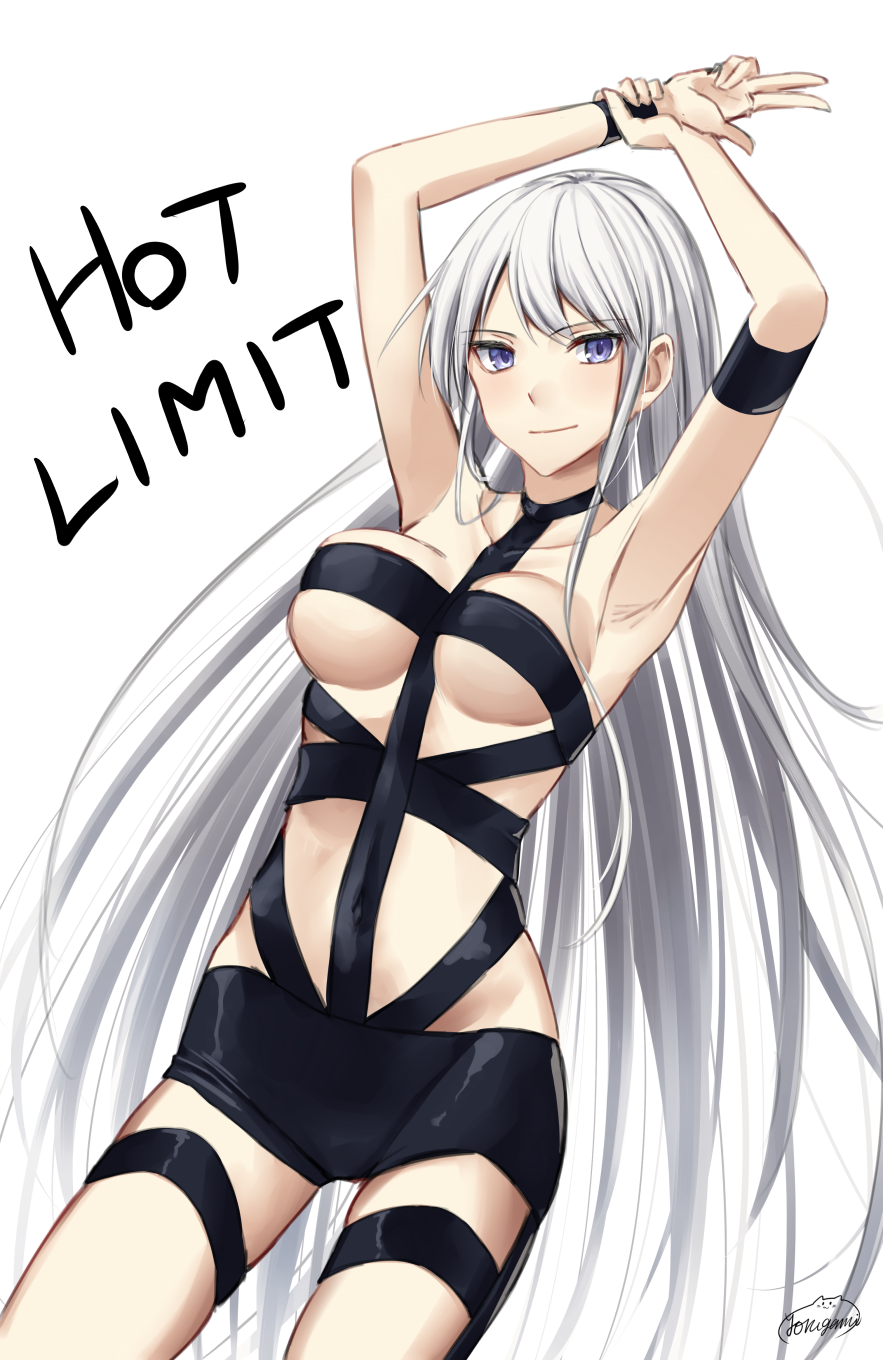 1girl armband armpits arms_up azur_lane blush bondage_outfit enterprise_(azur_lane) highres hot_limit long_hair looking_at_viewer revealing_clothes silver_hair simple_background smile solo t.m.revolution very_long_hair violet_eyes white_background wristband yorugami_rei