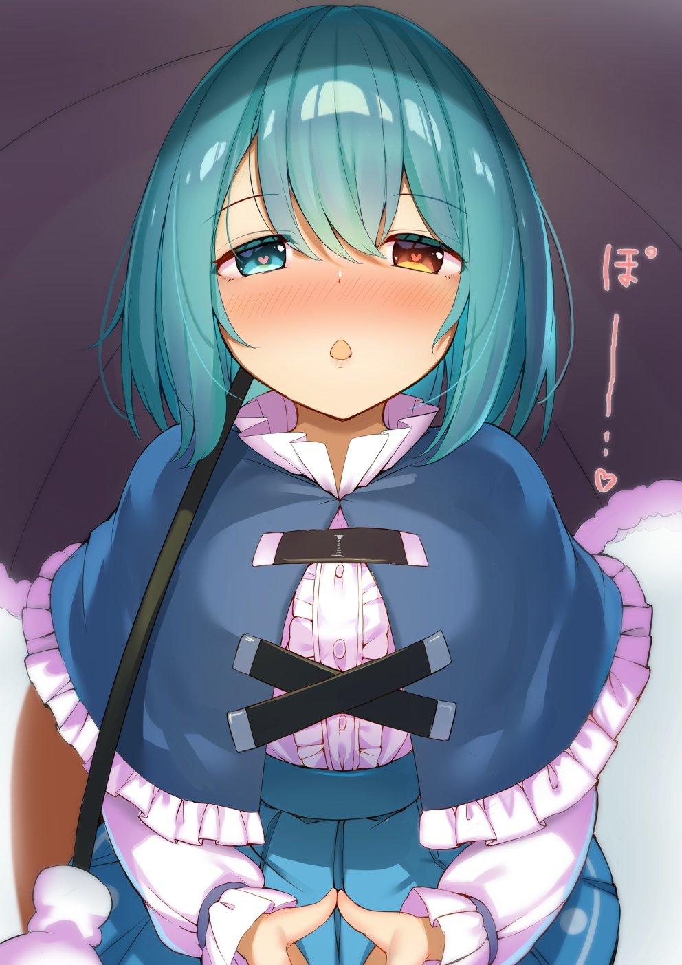 1girl :o blue_capelet blue_eyes blue_hair blue_skirt blurry blush capelet center_frills chestnut_mouth commentary_request depth_of_field eyebrows_visible_through_hair fisheye frills grey_background hair_between_eyes heart heart-shaped_pupils heterochromia highres karakasa_obake looking_at_viewer nose_blush piyodesu purple_umbrella red_eyes shirt short_hair simple_background skirt solo steepled_fingers symbol-shaped_pupils tatara_kogasa touhou umbrella upper_body white_shirt