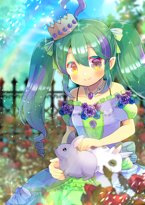 ahoge animal bangs bare_shoulders blue_flower blue_rose blurry blurry_background bow breasts brown_eyes closed_mouth collarbone commentary_request crown day depth_of_field dress eyebrows_visible_through_hair fence flower green_bow green_hair hair_between_eyes hair_bow indie_virtual_youtuber kouu_hiyoyo long_hair looking_at_viewer mini_crown multicolored_hair off-shoulder_dress off_shoulder outdoors puffy_short_sleeves puffy_sleeves purple_dress purple_flower purple_hair purple_rose rabbit rainbow red_flower red_rose ringlets rose short_sleeves shrike_exe small_breasts smile streaked_hair tilted_headwear twintails very_long_hair