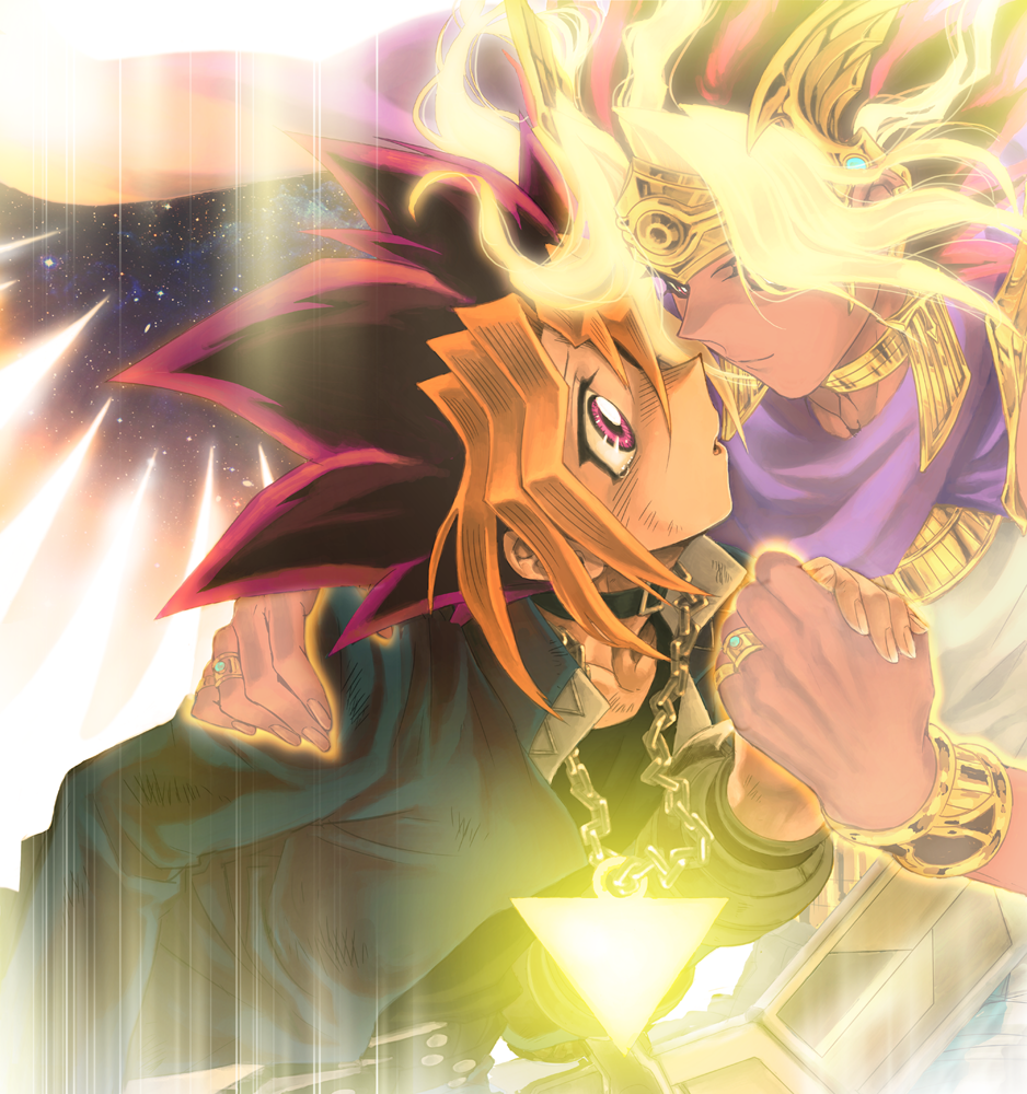 2boys atem blonde_hair bracelet chain choker closed_mouth commentary_request dark_skin dark_skinned_male egyptian eye_contact face-to-face fingernails glowing glowing_hair holding_hand jewelry looking_at_another male_focus millennium_puzzle multicolored_hair multiple_boys mutou_yuugi open_mouth pink_eyes purple_hair ring school_uniform smile spiky_hair tongue unko_yoshida yu-gi-oh! yu-gi-oh!_duel_monsters