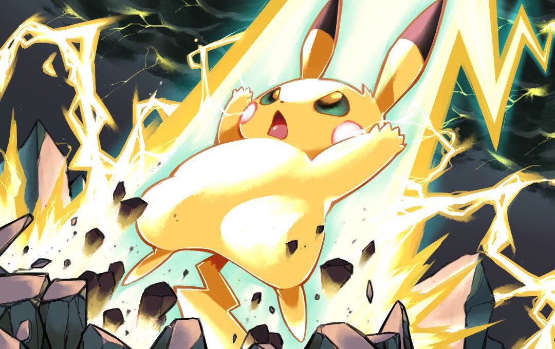 clouds commentary_request electricity from_below gen_1_pokemon green_eyes hyou_(hyouga617) lightning no_humans open_mouth outdoors pikachu pokemon pokemon_(creature) rock solo tongue