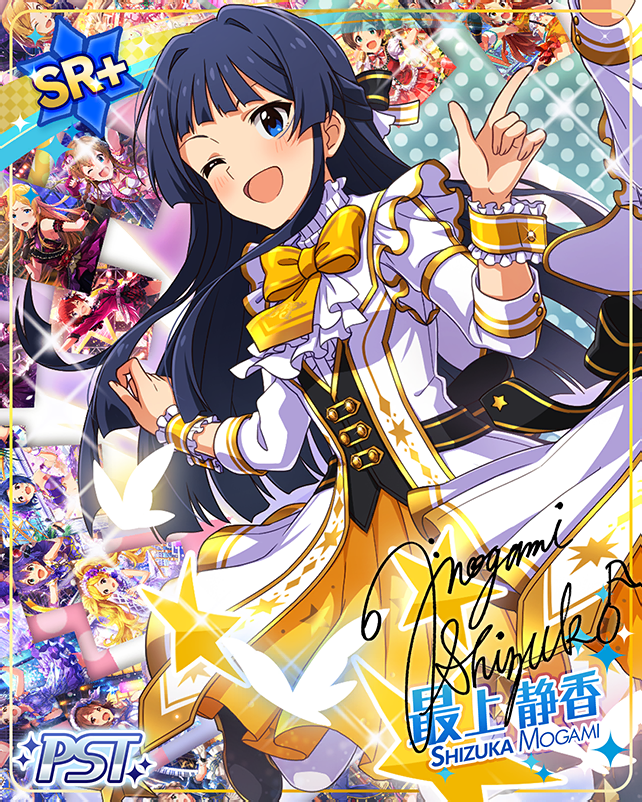 black_hair blue_eyes blush character_name dress idolmaster_million_live!_theater_days long_hair mogami_shizuka smile wink