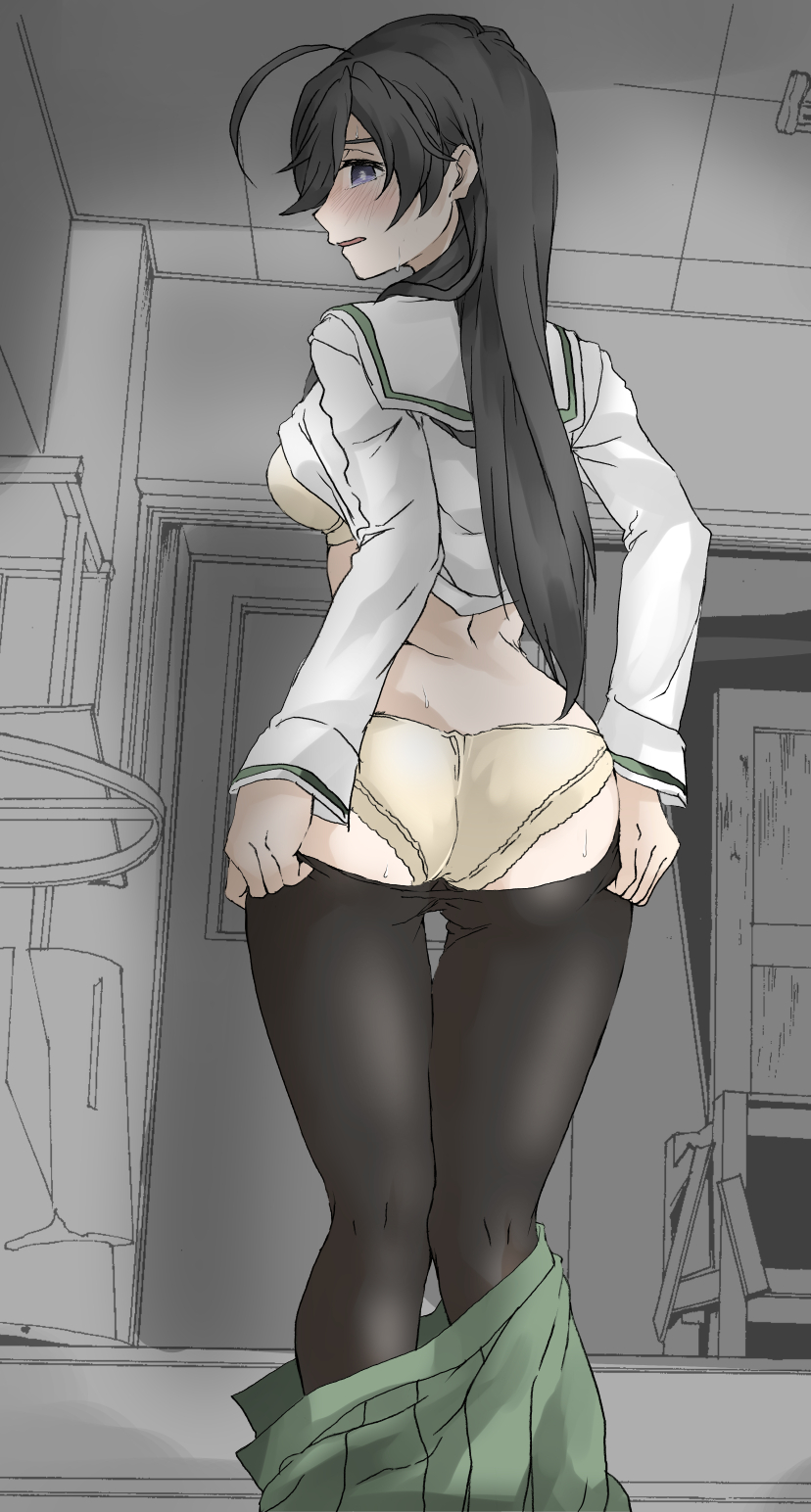 1girl ahoge ass bangs black_eyes black_hair black_legwear blouse blush bra commentary elf_(stroll_in_the_woods) from_behind girls_und_panzer green_skirt half-closed_eyes highres indoors isuzu_hana light_frown long_hair long_sleeves looking_at_viewer looking_back ooarai_school_uniform open_clothes open_skirt panties pantyhose pantyhose_pull parted_lips partially_colored pleated_skirt pulled_by_self school_uniform serafuku shirt_lift skirt skirt_pull solo standing sweat textless underwear yellow_bra yellow_panties