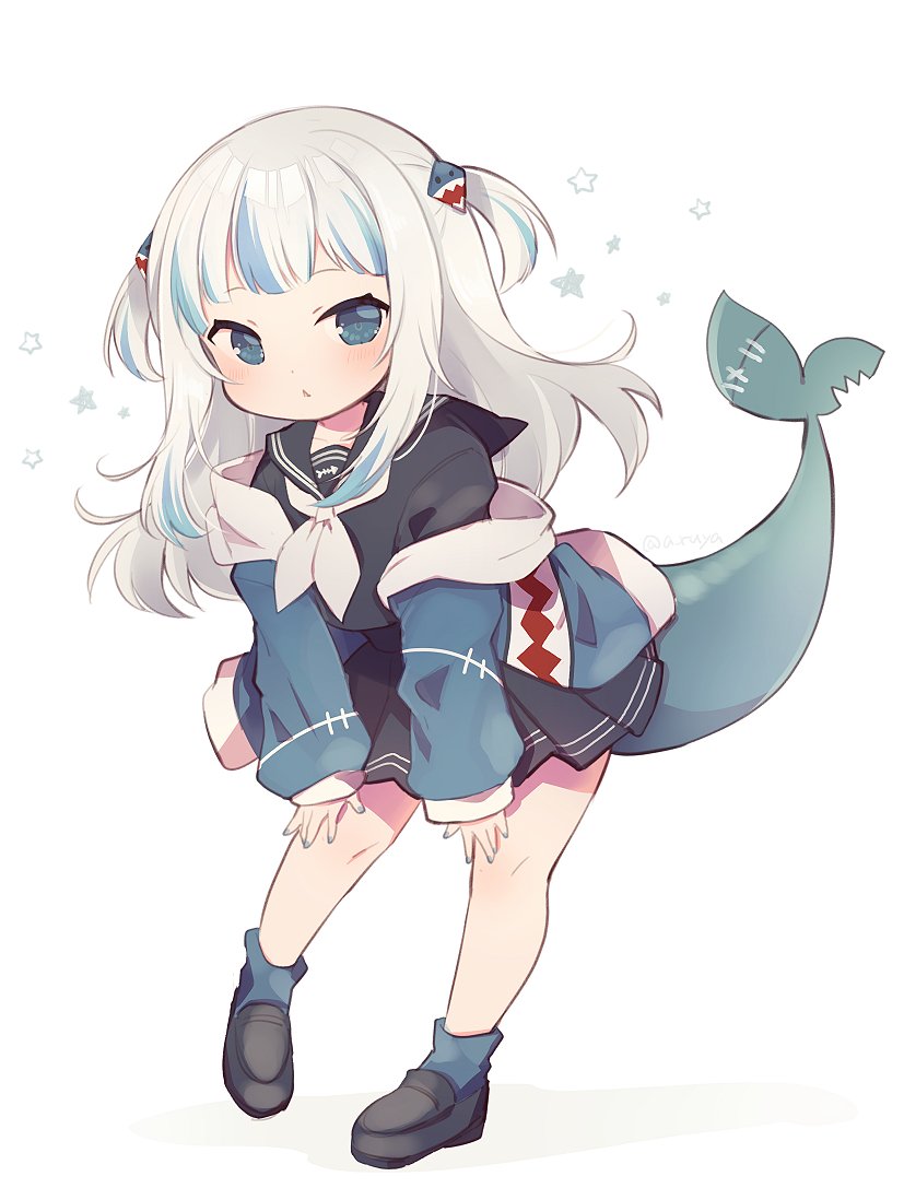 1girl aruya_(flosrota) bangs blue_eyes blunt_bangs fish_tail full_body gawr_gura hair_ornament hololive hololive_english leaning_forward long_hair looking_at_viewer parted_lips shark_hair_ornament shark_tail silver_hair simple_background solo standing tail triangle_mouth two_side_up virtual_youtuber white_background