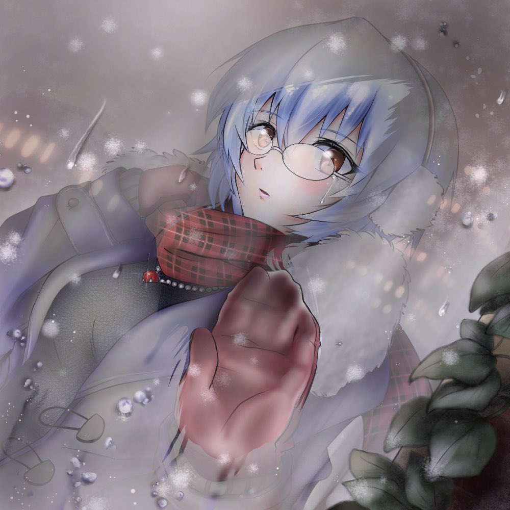 1girl @shun ayanami_rei blue_hair blush earmuffs glasses jewelry necklace neon_genesis_evangelion red_eyes red_scarf scarf short_hair snowing solo winter_clothes