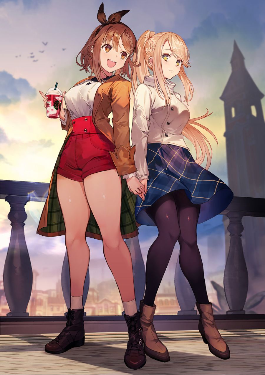 2girls alternate_costume alternate_hairstyle atelier_(series) atelier_ryza back-to-back bangs bird braid breasts brown_eyes brown_hair cityscape contemporary cup hair_ribbon high_collar highres holding_hands iced_coffee klaudia_valentz large_breasts legs long_coat long_hair multiple_girls open_mouth ponytail railing red_shorts reisalin_stout ribbon shorts skirt sky smile socks standing thick_thighs thigh-highs thighs toridamono tower