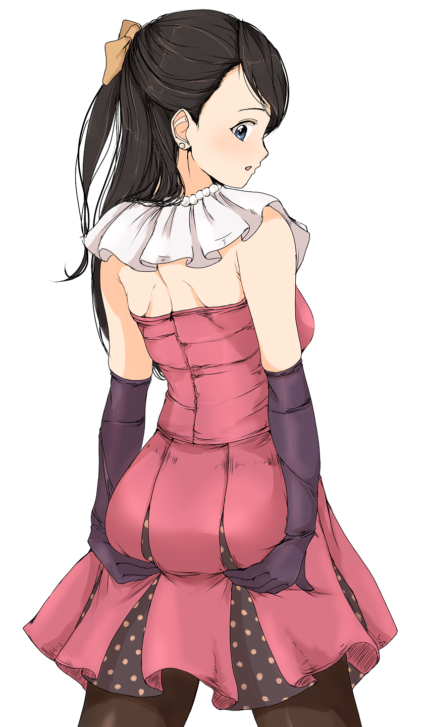 1girl ass_grab black_gloves black_hair black_legwear blue_eyes bow collar cowboy_shot dress earrings elbow_gloves from_behind gatsby_ssl gloves grabbing_own_ass hair_bow highres idolmaster idolmaster_cinderella_girls jewelry kurihara_nene long_hair looking_back open_mouth pantyhose pearl_(gemstone) pink_dress pleated_dress polka_dot simple_background solo strapless strapless_dress white_background white_collar