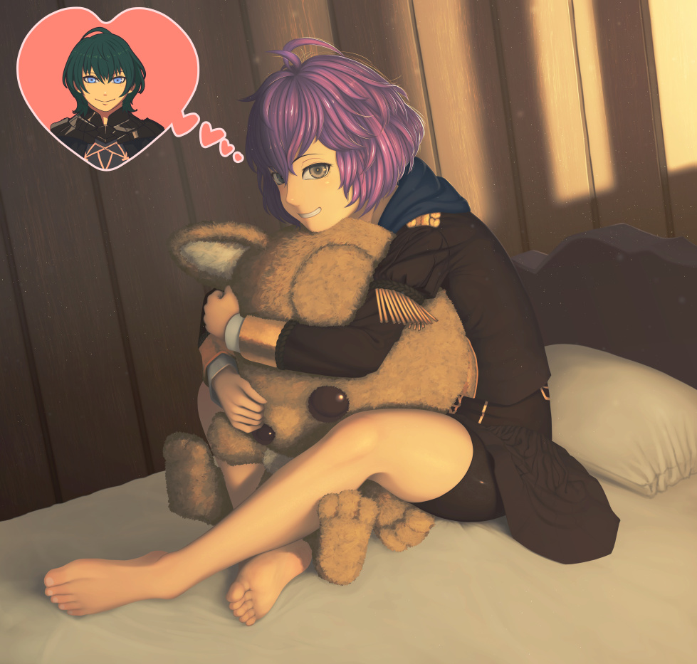 1boy 1girl barefoot bed bernadetta_von_varley blue_eyes byleth_(fire_emblem) byleth_eisner_(male) commentary_request feet fire_emblem fire_emblem:_three_houses garreg_mach_monastery_uniform green_eyes green_hair hood hood_down legs looking_at_viewer messy_hair mixed-language_commentary object_hug pillow purple_hair rimviolet short_hair shorts shorts_under_skirt sitting smile soles solo_focus stuffed_animal stuffed_toy teddy_bear thought_bubble toes