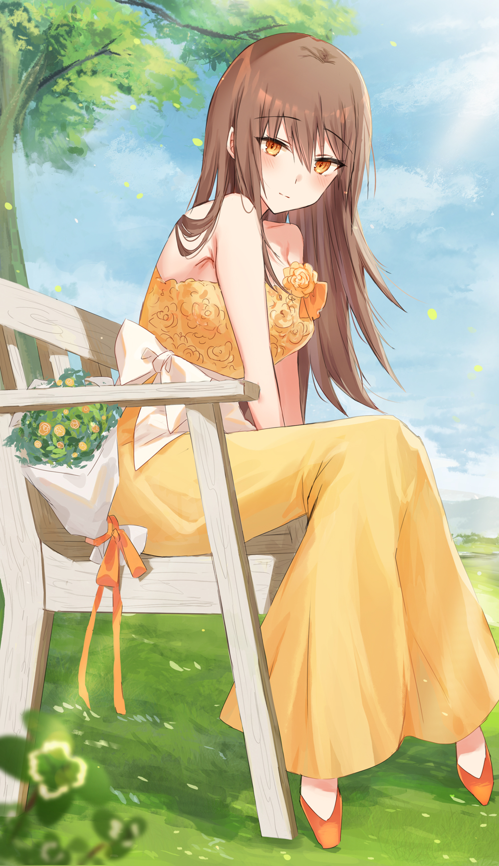 1girl bangs bare_arms bare_shoulders blue_sky bouquet breasts brown_eyes brown_hair closed_mouth clouds cloudy_sky day dress eyebrows_visible_through_hair flower hair_between_eyes highres kinona long_hair looking_at_viewer medium_breasts on_bench orange_footwear original outdoors rose shoes sitting sky smile solo strapless strapless_dress tree very_long_hair yellow_dress yellow_flower yellow_rose