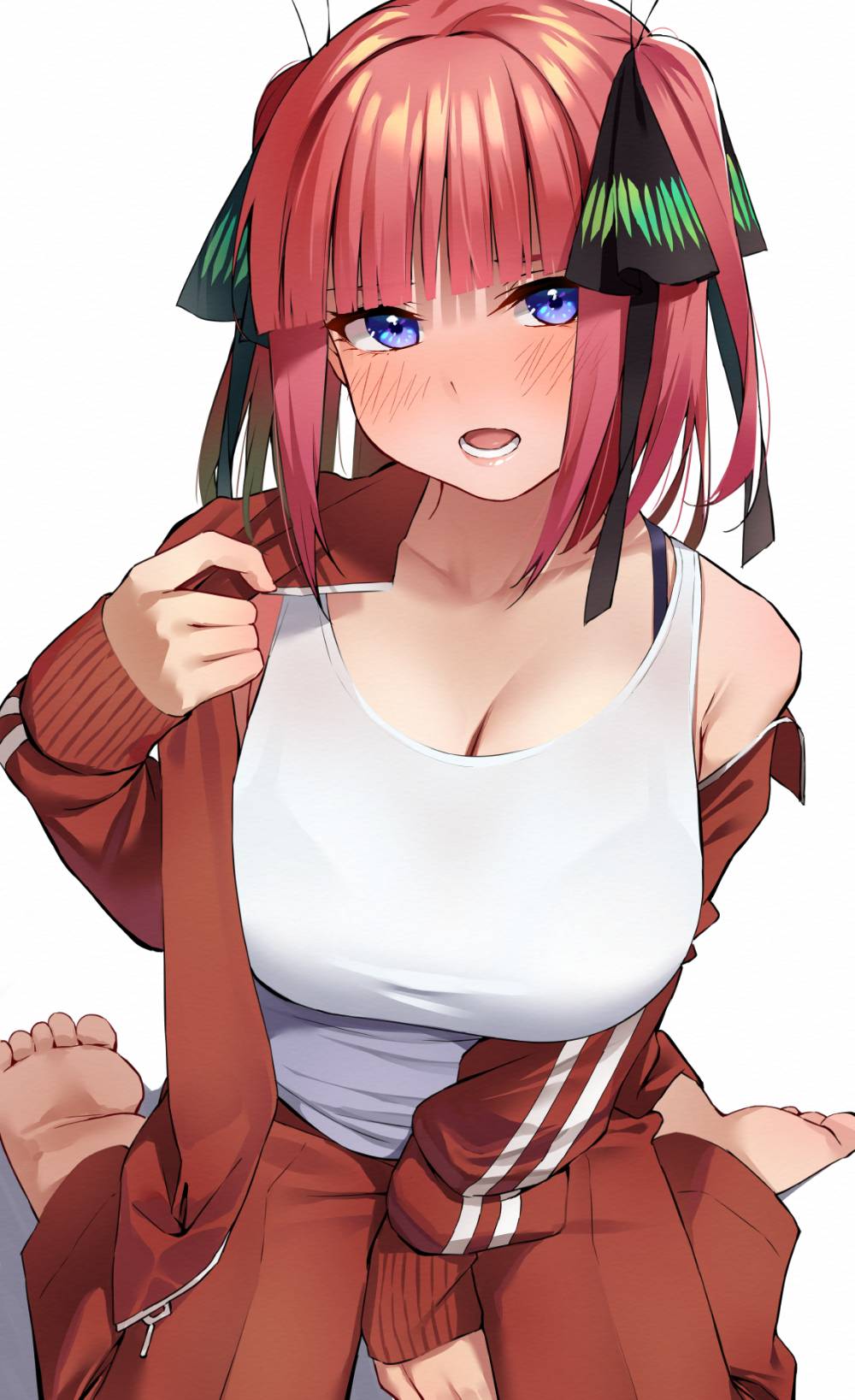 1girl bangs barefoot between_legs black_bra black_ribbon blue_eyes blunt_bangs blush bra butterfly_hair_ornament collarbone commentary embarrassed go-toubun_no_hanayome hair_ornament hair_ribbon hand_between_legs hand_up highres igarashi_kyouhei jacket long_sleeves looking_at_viewer lower_teeth nakano_nino open_clothes open_mouth open_track_jacket pink_hair red_track_suit ribbon see-through shiny shiny_hair simple_background single_bare_shoulder sitting sleeves_past_wrists soles solo tank_top track_jacket underwear wariza white_background white_tank_top