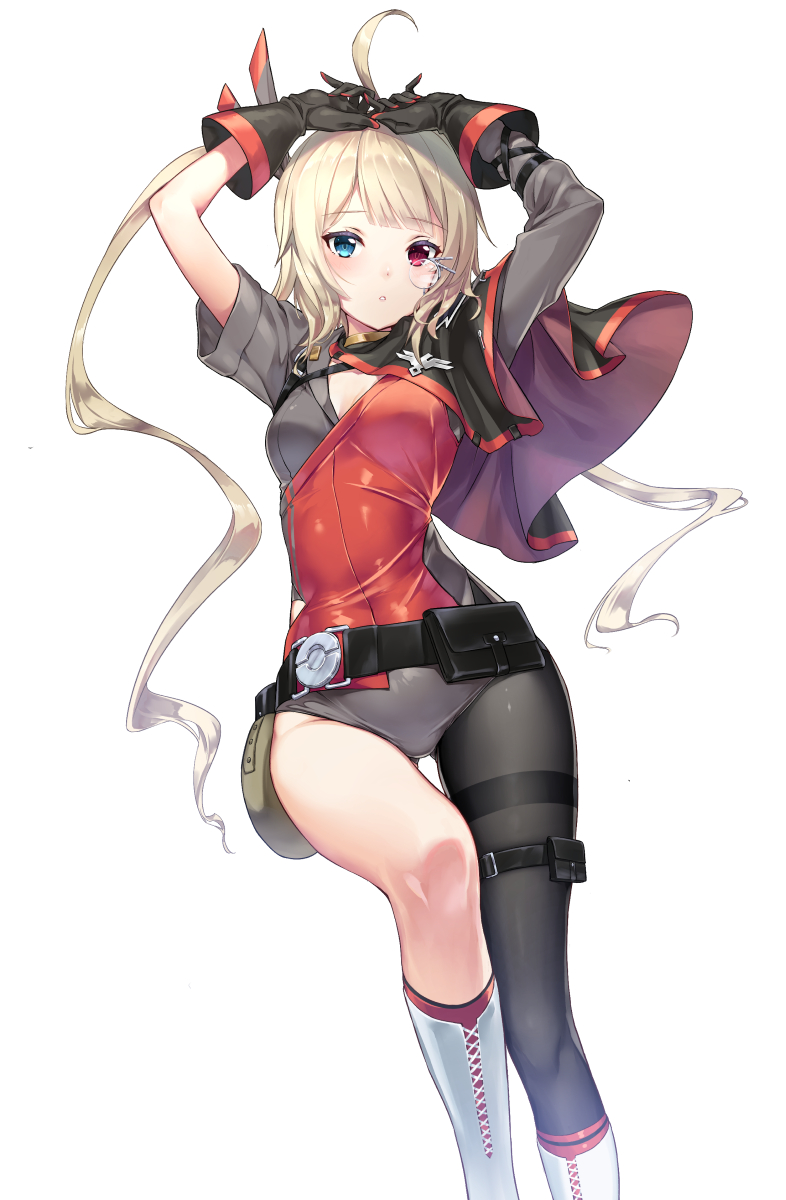 1girl ahoge arms_up ash_arms asymmetrical_hair asymmetrical_legwear asymmetrical_sleeves belt black_belt black_capelet black_gloves blue_eyes boots bv_p194_(ash_arms) capelet gloves grey_leotard hair_ribbon heterochromia highres ichimasa_game insignia knee_boots leotard light_brown_hair long_sleeves low_ponytail monochrome one_side_up parted_lips pouch red_eyes red_leotard red_ribbon ribbon short_sleeves simple_background solo thigh_gap thigh_strap two-sided_capelet two-sided_fabric utility_belt white_background white_footwear