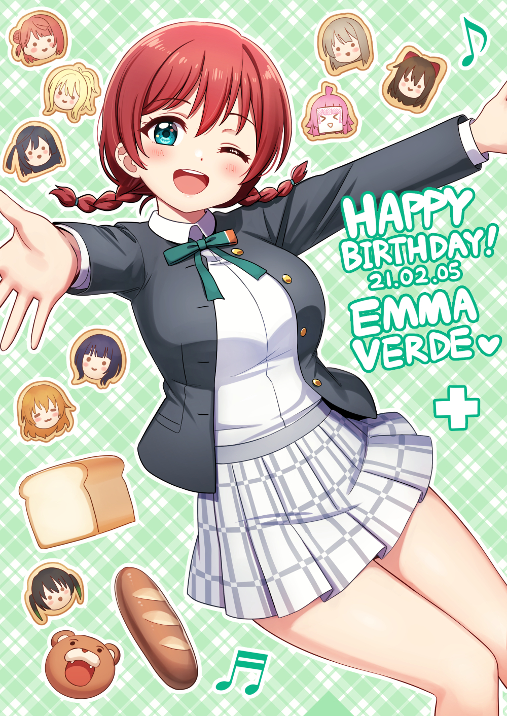 asaka_karin birthday braid bread breasts brown_hair character_name commentary dated deadnooodles emma_verde english_text eyebrows_visible_through_hair food green_eyes happy_birthday highres konoe_kanata large_breasts long_sleeves looking_at_viewer love_live! love_live!_nijigasaki_high_school_idol_club medium_hair miniskirt miyashita_ai nakasu_kasumi nijigasaki_academy_uniform one_eye_closed ousaka_shizuku shiny shiny_hair skirt takasaki_yuu tennouji_rina twin_braids uehara_ayumu yuuki_setsuna_(love_live!)