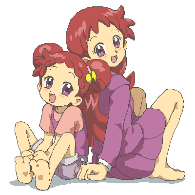 2girls :d age_comparison back-to-back barefoot blush commentary dual_persona english_commentary feet full_body hair_ornament harukaze_doremi jacket kasuga39 long_hair long_sleeves lowres multiple_girls oekaki ojamajo_doremi open_mouth purple_jacket purple_shorts purple_skirt redhead school_uniform shirt short_sleeves shorts shorts_rolled_up simple_background sitting skirt smile t-shirt time_paradox very_long_hair violet_eyes white_background