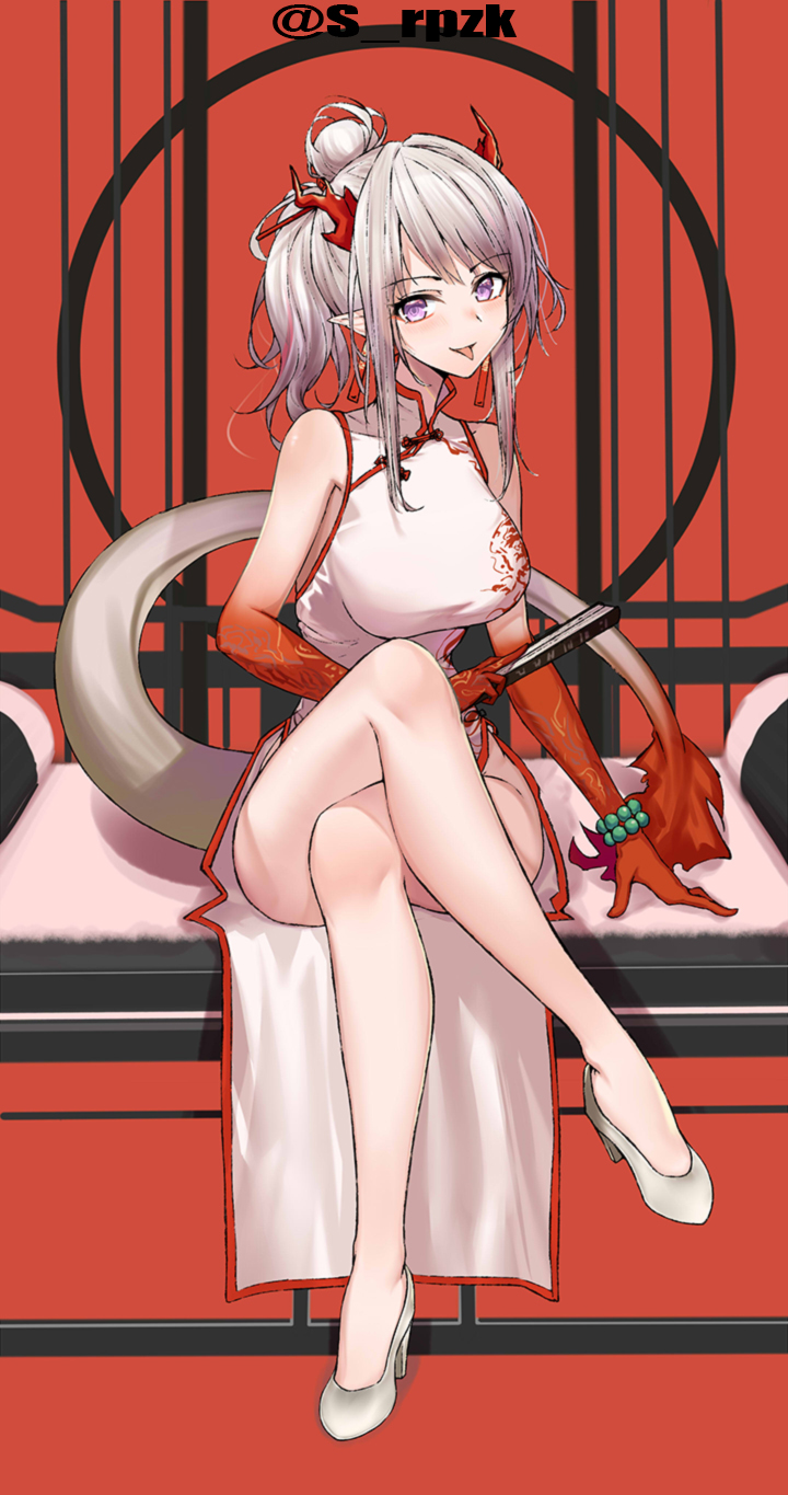 1girl :p arknights artist_name bangs bare_legs bare_shoulders bead_bracelet beads bracelet breasts china_dress chinese_clothes commentary crossed_legs dress eyebrows_visible_through_hair hair_bun high_heels highres holding horns jewelry kakeru_(kakeru) large_breasts long_hair looking_at_viewer nian_(arknights) nian_(unfettered_freedom)_(arknights) official_alternate_costume pointy_ears red_background sidelocks silver_hair sitting sleeveless sleeveless_dress smile solo tail thighs tongue tongue_out twitter_username white_dress white_footwear