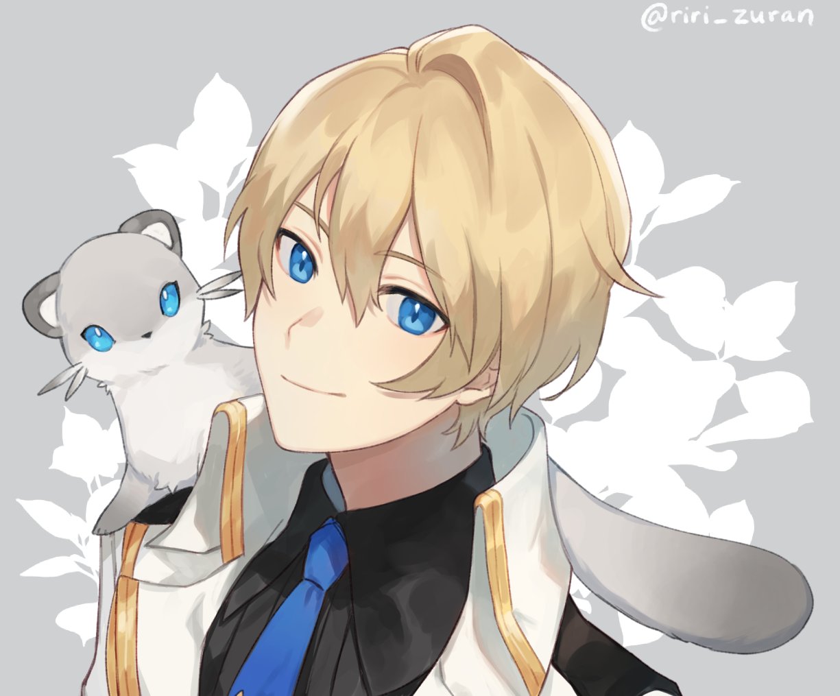 1boy animal_on_shoulder black_shirt blonde_hair blue_eyes blue_neckwear closed_mouth eyebrows_visible_through_hair ferret hair_between_eyes hiyamaru holostars jacket kishido_temma long_sleeves looking_at_viewer male_focus necktie on_shoulder pet riri_zuran shirt short_hair simple_background smile solo upper_body virtual_youtuber white_jacket