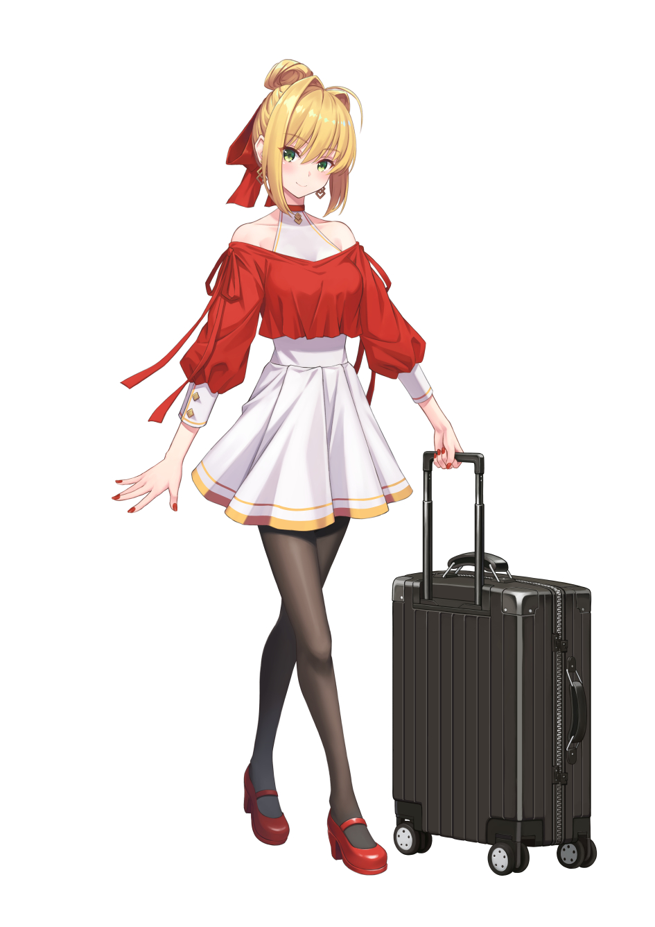 1girl ahoge bangs black_legwear blonde_hair blush breasts contemporary dress earrings fate/extra fate_(series) green_eyes hair_between_eyes hair_bun hair_intakes hair_ribbon highres hoodier jewelry large_breasts long_hair long_sleeves looking_at_viewer nero_claudius_(fate) nero_claudius_(fate)_(all) pantyhose red_footwear red_shirt ribbon shirt simple_background smile white_background white_dress