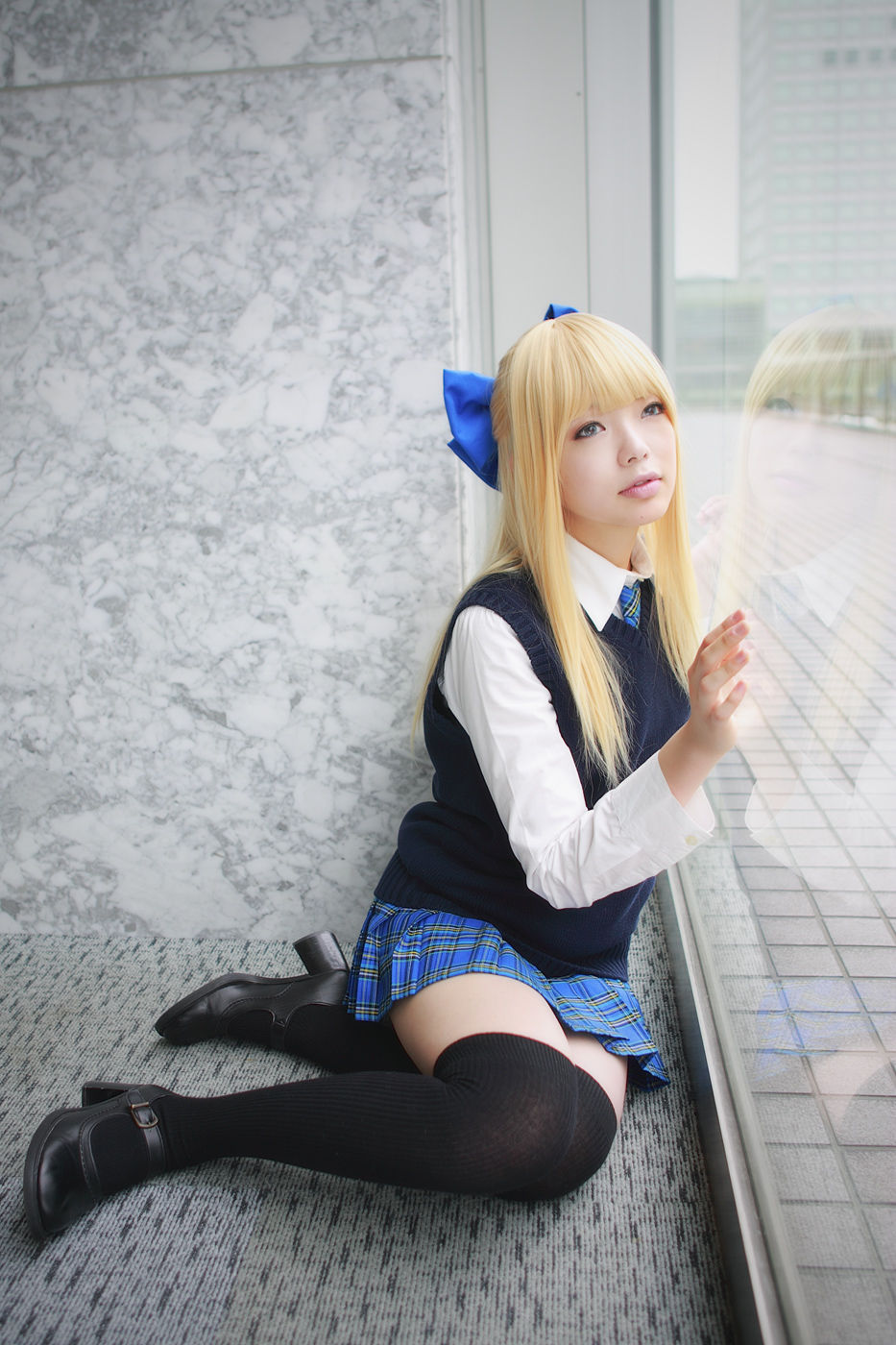 blonde_hair cosplay hair_bow namada photo school_uniform sweater thigh-highs