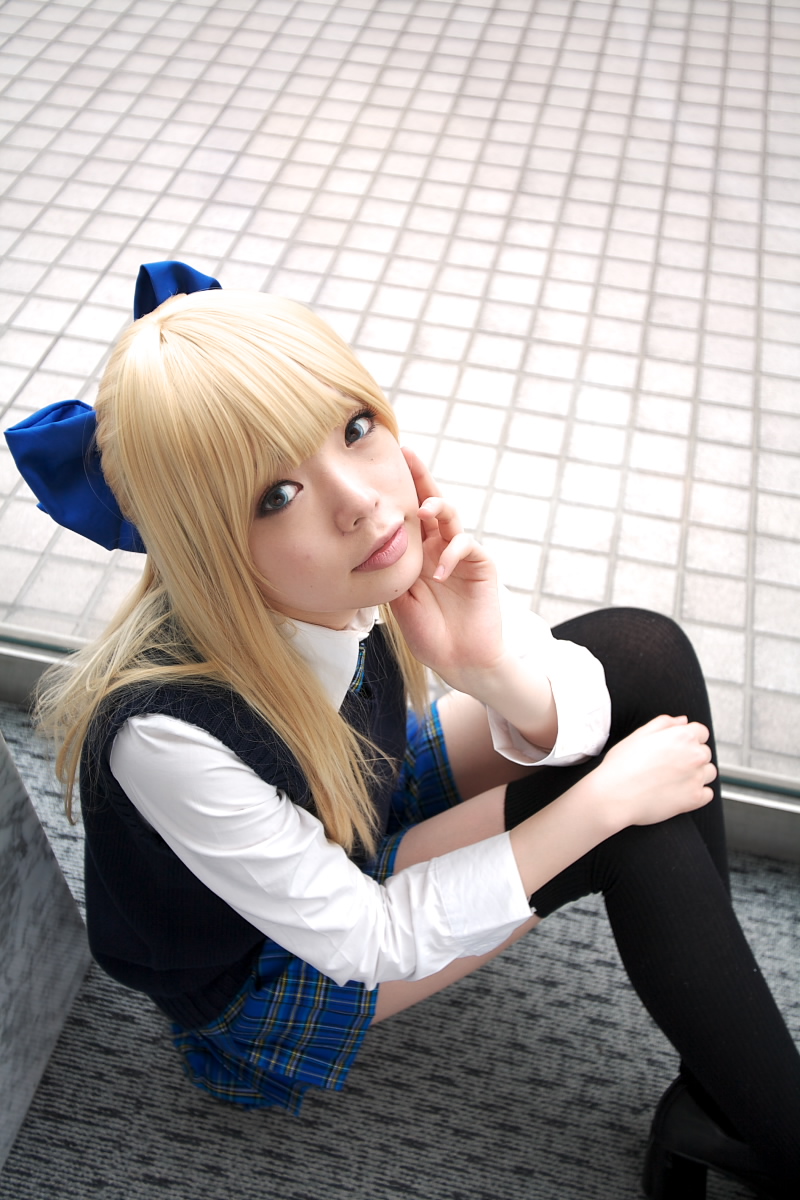 blonde_hair cosplay hair_bow namada photo school_uniform sweater thigh-highs