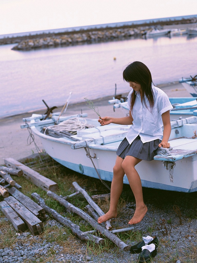 bare_feet barefoot boat cosplay feet grass kawamura_yuki outside pleated_skirt school_uniform shoes socks solo toes