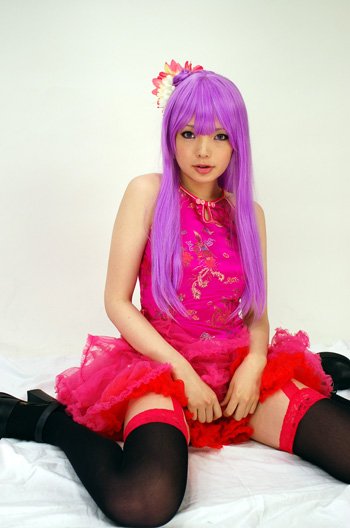 chinadress cosplay flower garter_belt namada photo purple_hair qipao ruffles thigh-highs