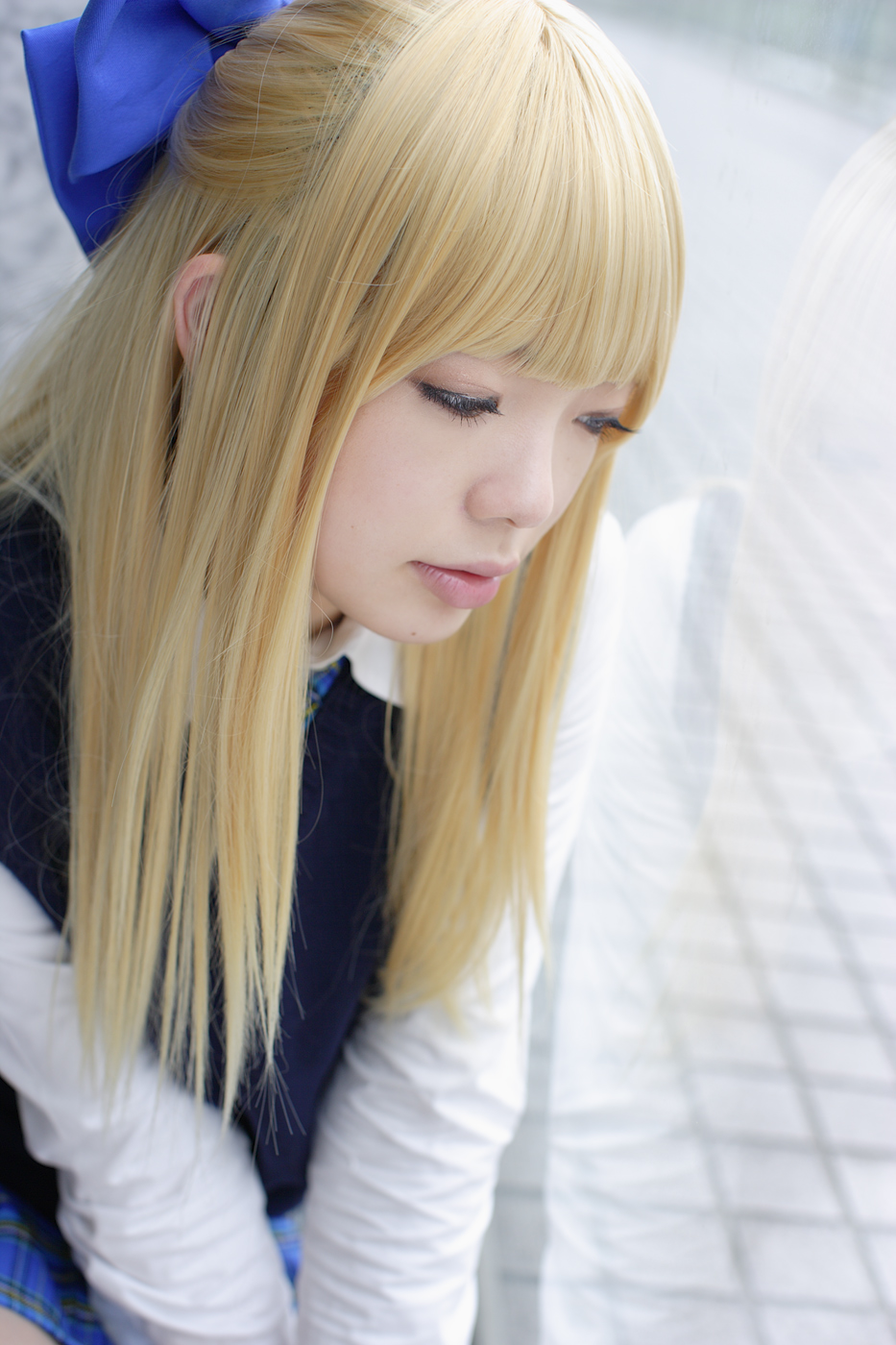 blonde_hair cosplay hair_bow namada photo school_uniform sweater