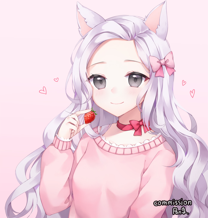 1girl animal_ears blush bow breasts closed_mouth commentary_request commission food forehead fruit grey_hair hair_bow hand_up heart holding holding_food long_hair long_sleeves original pink_background pink_bow pink_shirt pong_(vndn124) puffy_long_sleeves puffy_sleeves shirt silver_hair simple_background sleeves_past_wrists small_breasts smile solo strawberry upper_body