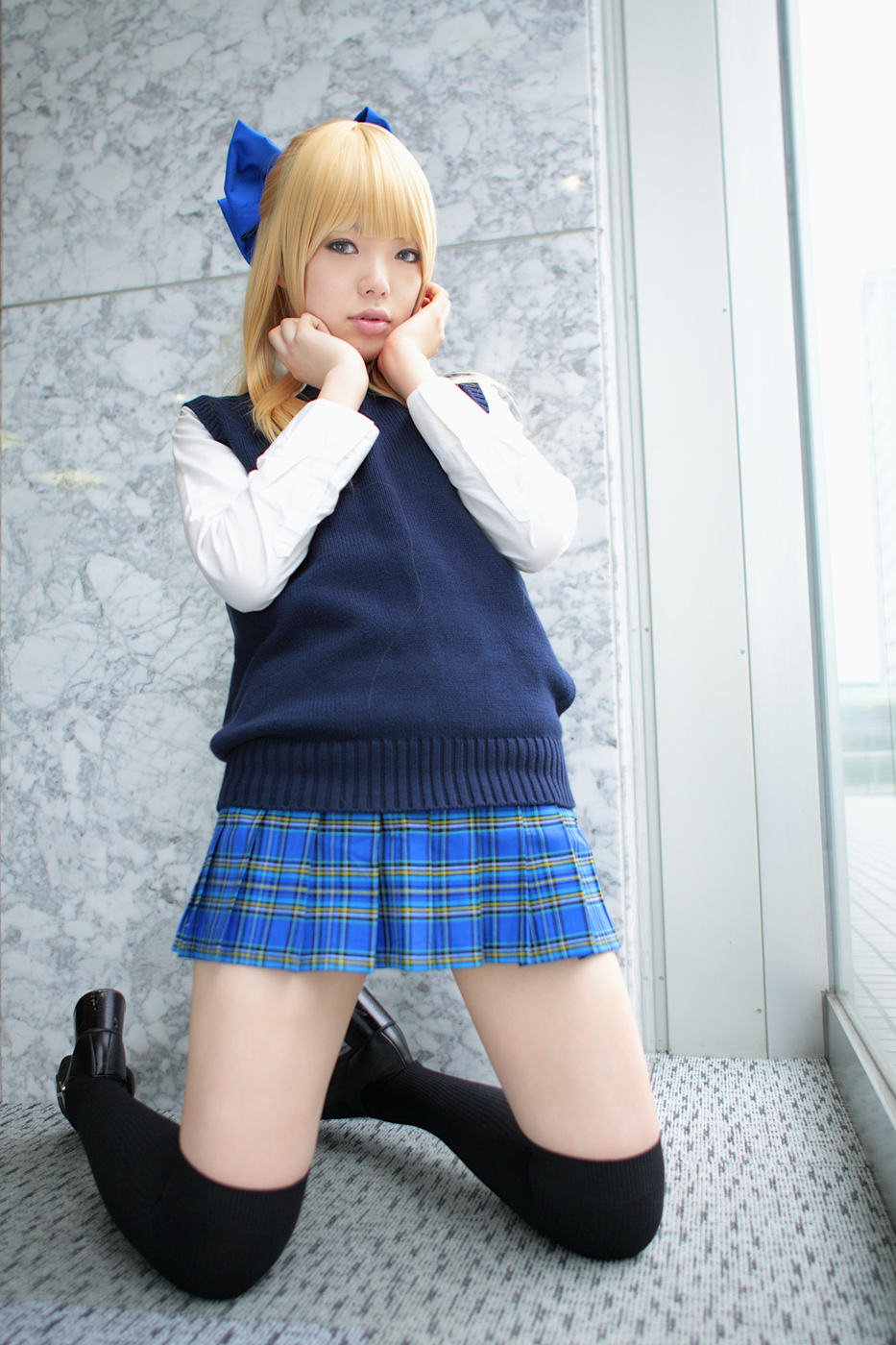 blonde_hair cosplay hair_bow namada photo school_uniform sweater thigh-highs