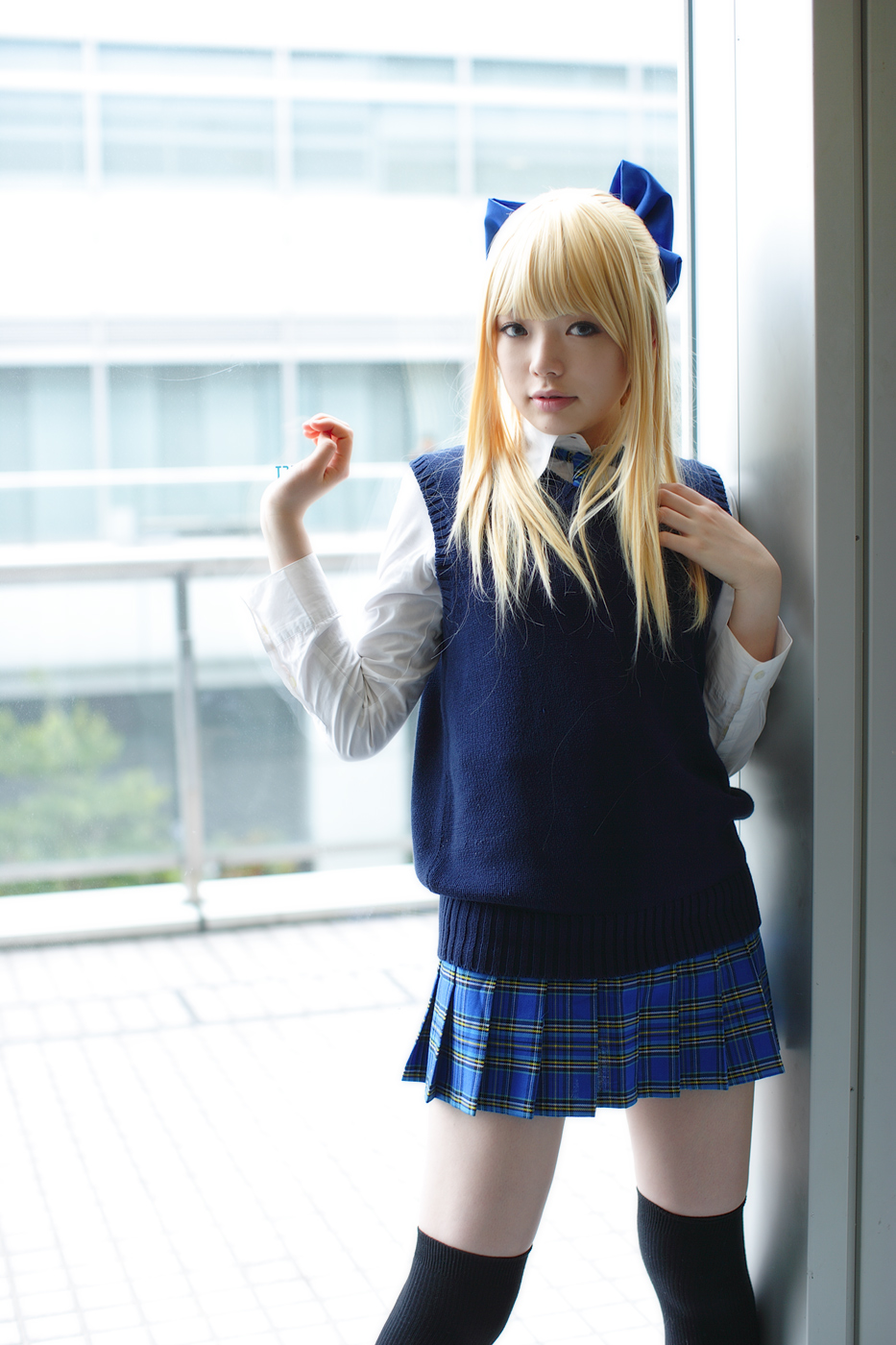 blonde_hair cosplay hair_bow namada photo school_uniform sweater thigh-highs