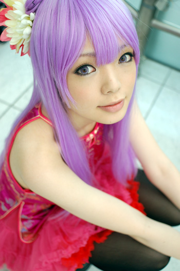 chinadress cosplay flower garter_belt namada photo purple_hair qipao ruffles thigh-highs