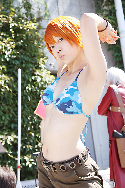 amanone_shun bikini_top cargo_shorts cosplay nami nami_(one_piece) one_piece orange_hair