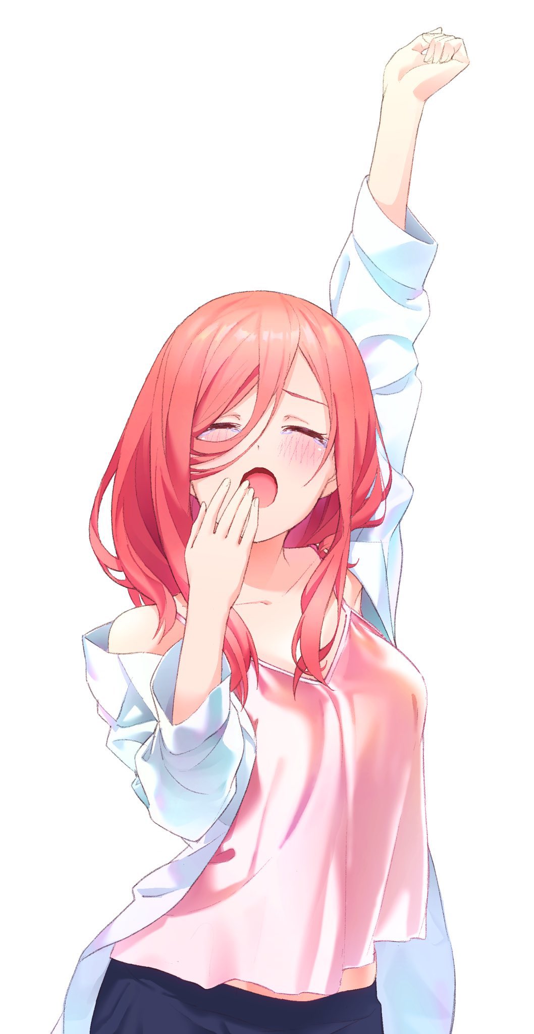 1girl arm_up blush camisole closed_eyes collarbone commentary_request covering_mouth go-toubun_no_hanayome hair_between_eyes hand_over_own_mouth hand_up highres long_hair long_sleeves nakano_miku open_mouth pink_camisole redhead shirt shishamo_(masato_k) simple_background sleepy solo tears white_background white_shirt yawning